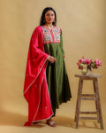 Olive Green Kurta Set with Contrast Dupatta