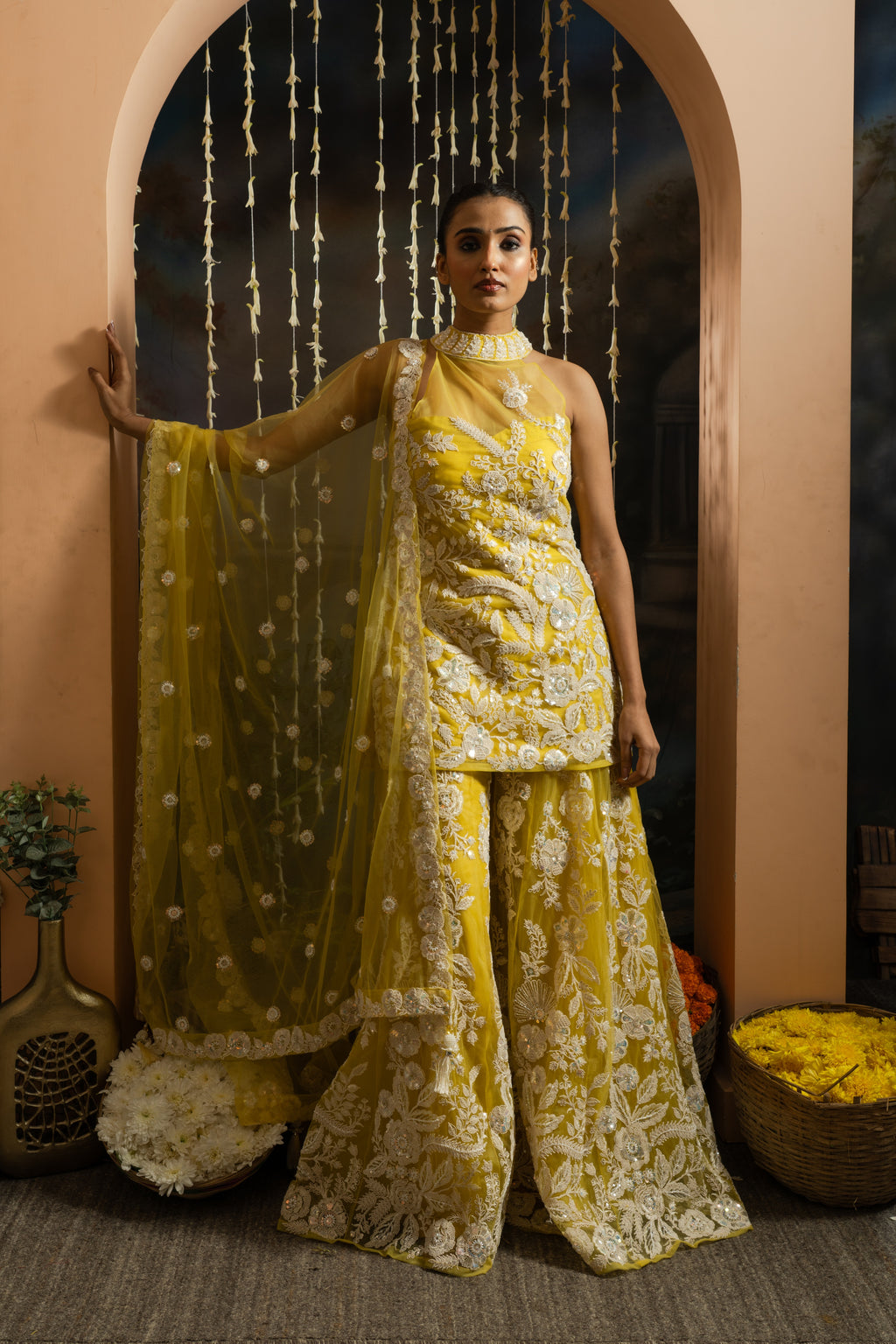 Yellow Floral Embroidered 3-Piece Sharara Set