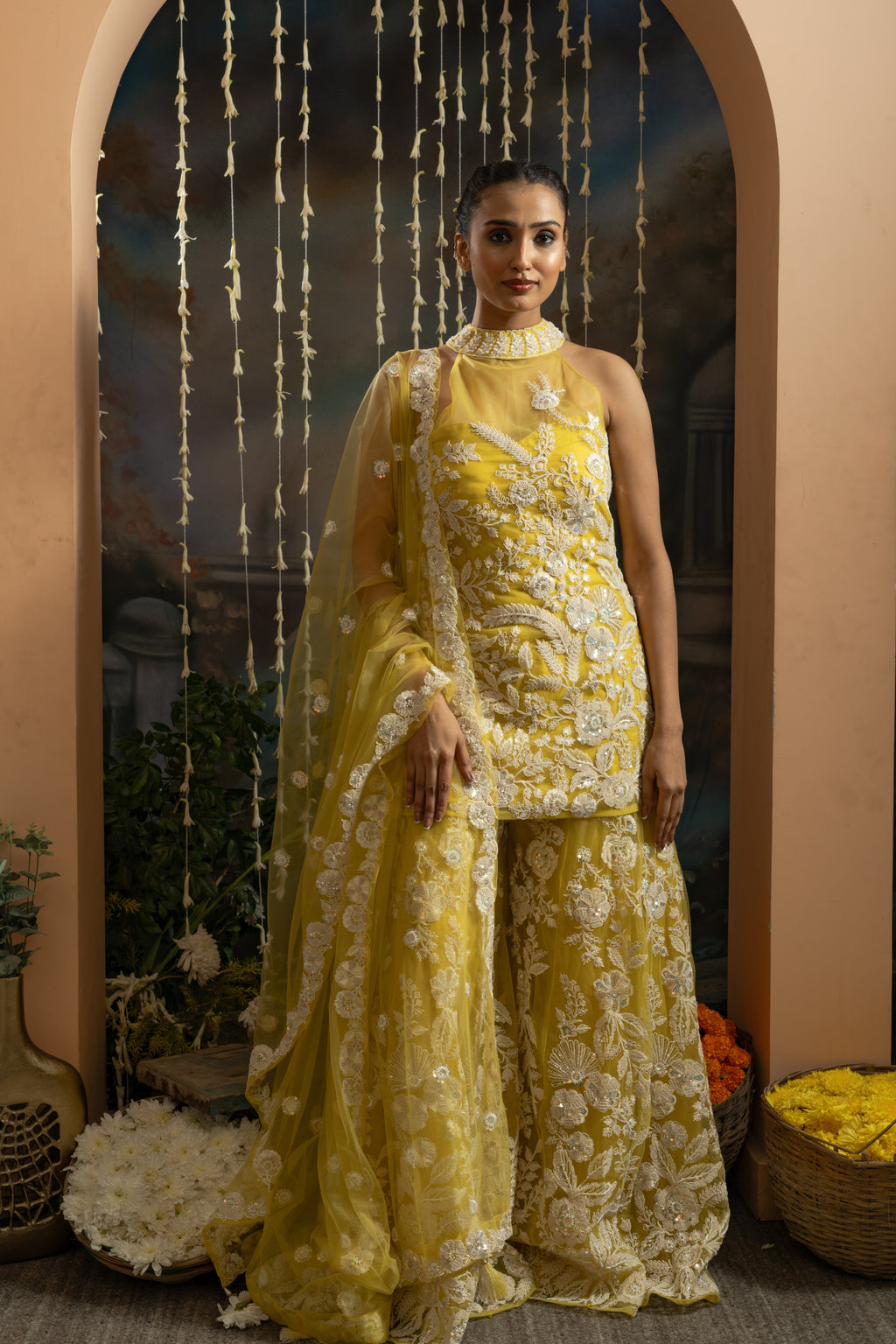 Yellow Floral Embroidered 3-Piece Sharara Set