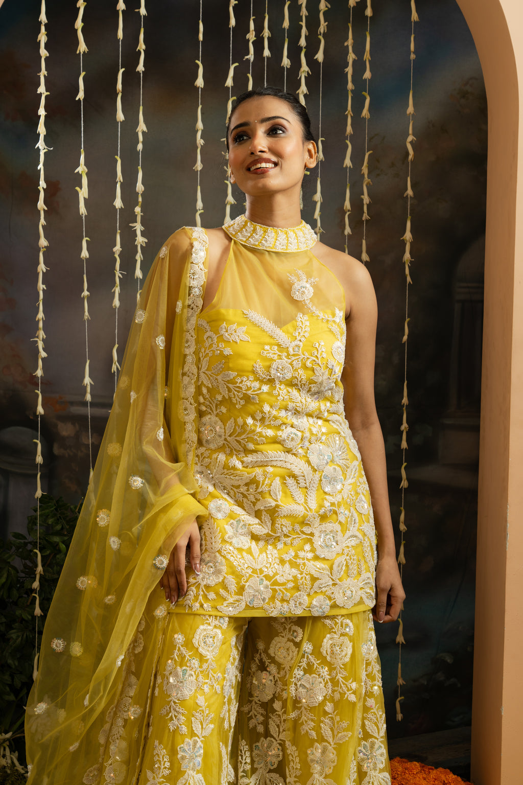 Yellow Floral Embroidered 3-Piece Sharara Set