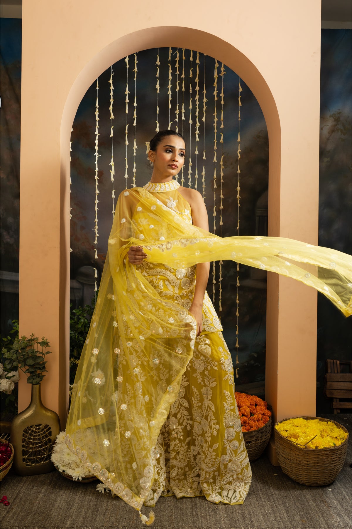 Yellow Floral Embroidered 3-Piece Sharara Set