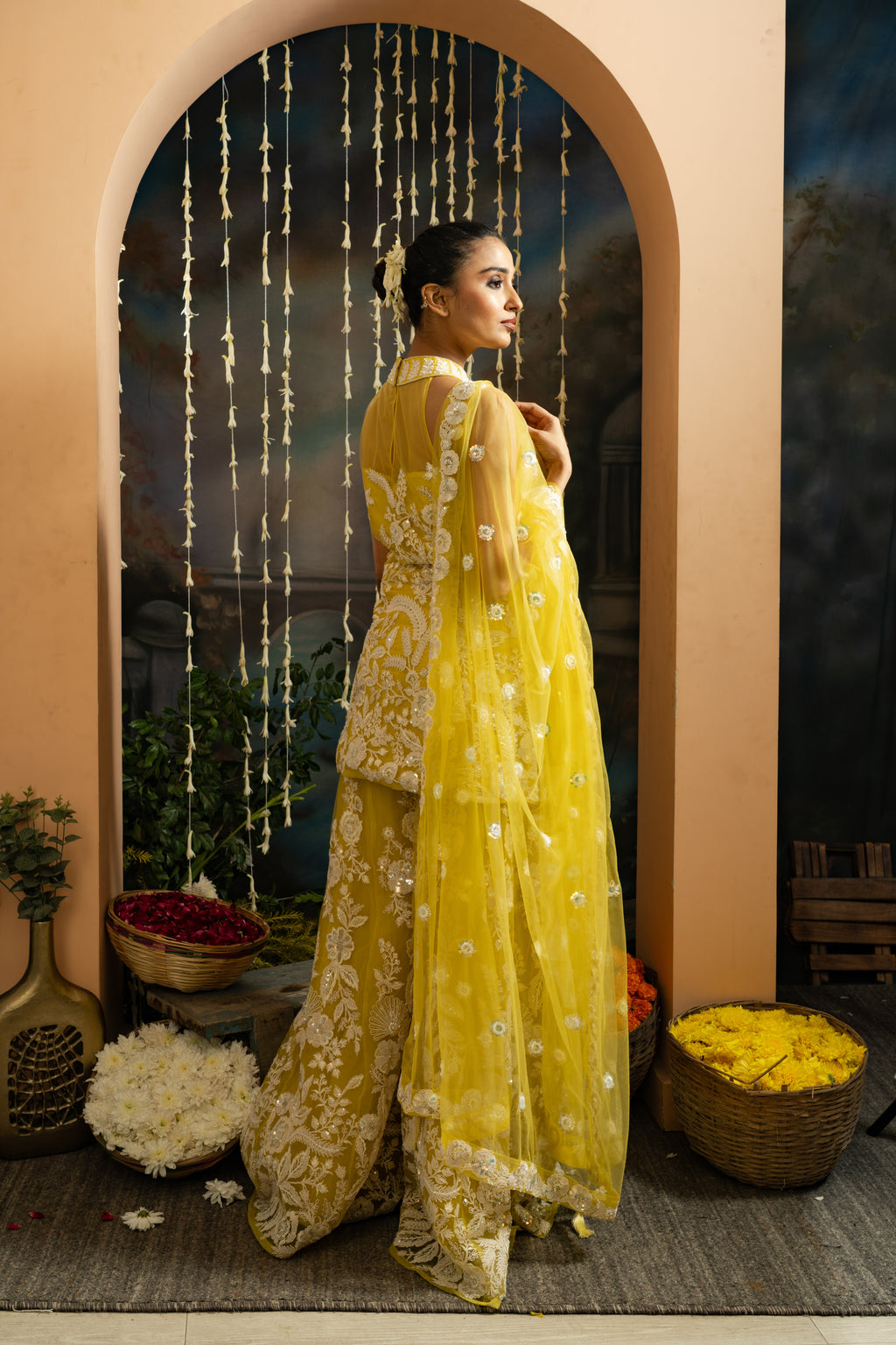 Yellow Floral Embroidered 3-Piece Sharara Set