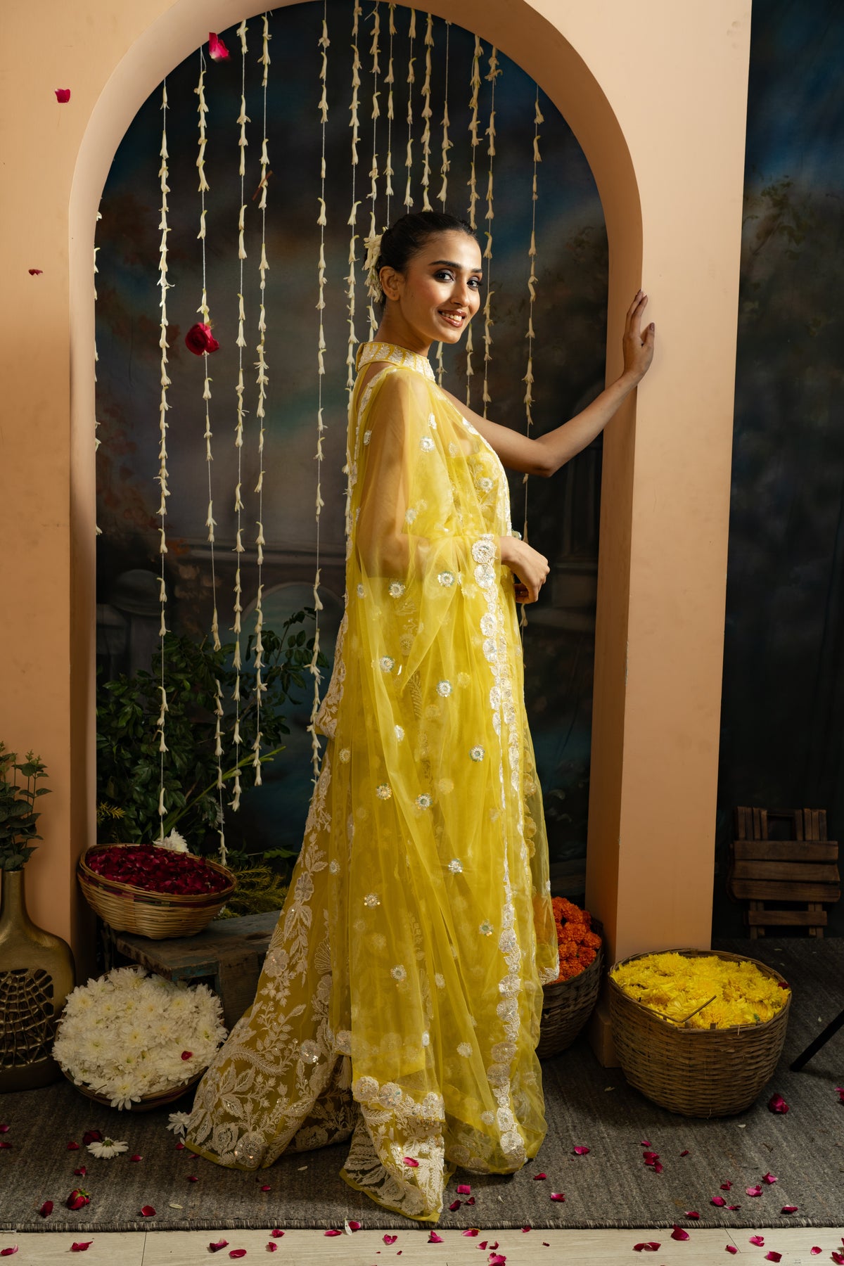 Yellow Floral Embroidered 3-Piece Sharara Set