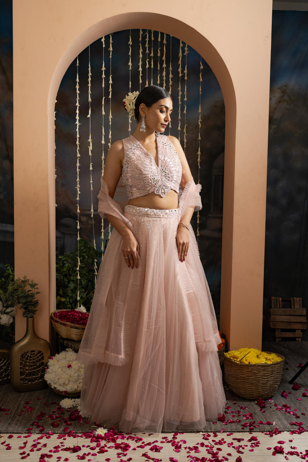 Blush Pink Soft Net Lehenga Set with Mirror &amp; Hand Embroidery
