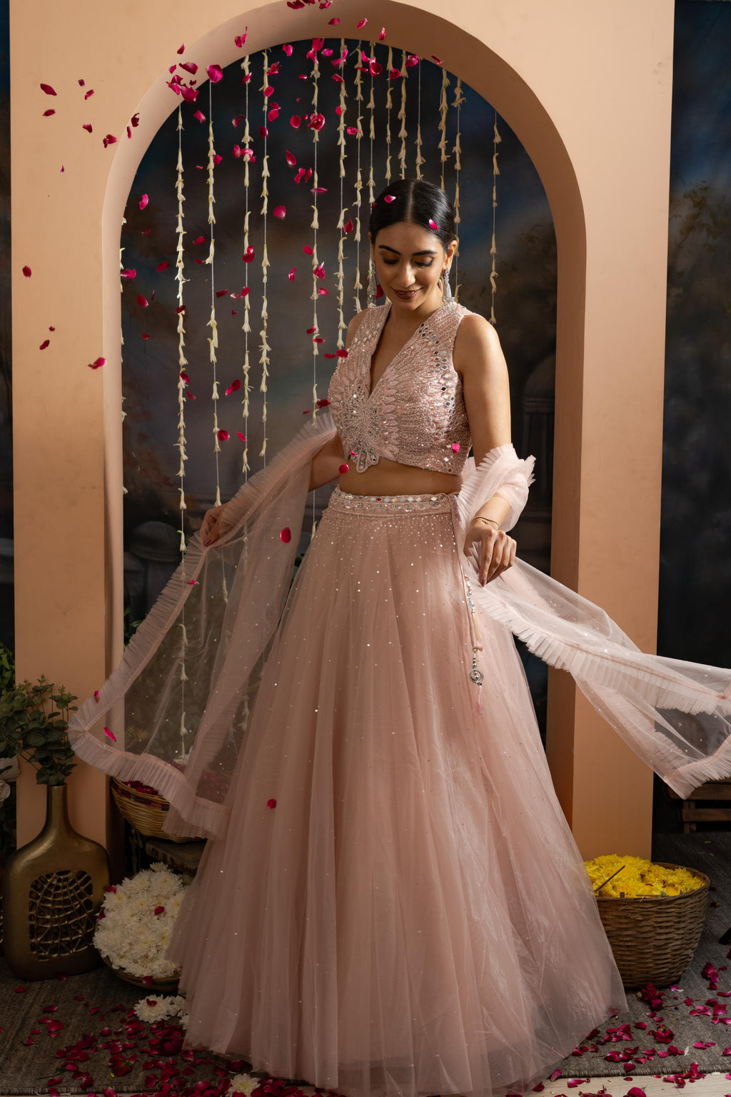 Blush Pink Soft Net Lehenga Set with Mirror &amp; Hand Embroidery