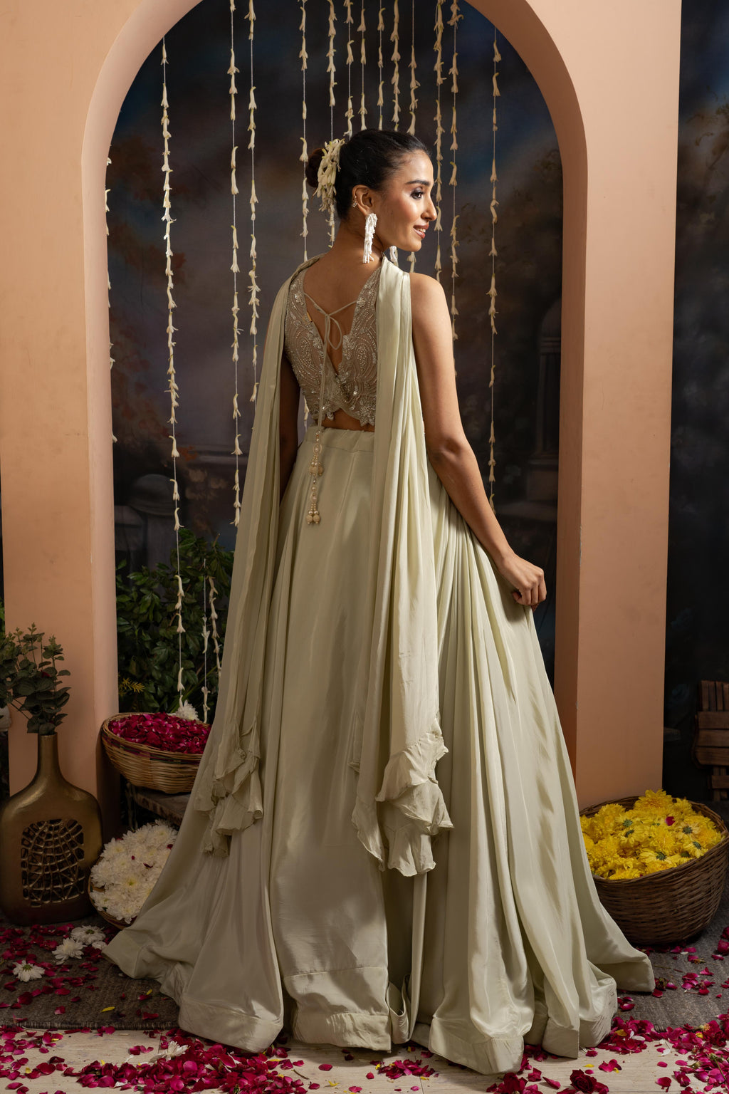 Ivory Pure Crepe Lehenga Set with Handworked Net Blouse
