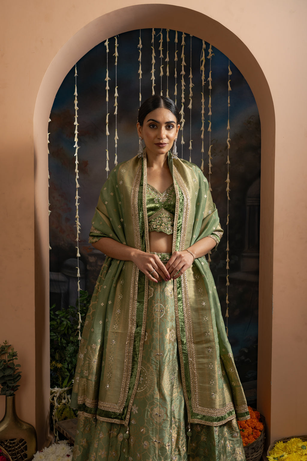 Sage Green Gold Embroidered Lehenga Set