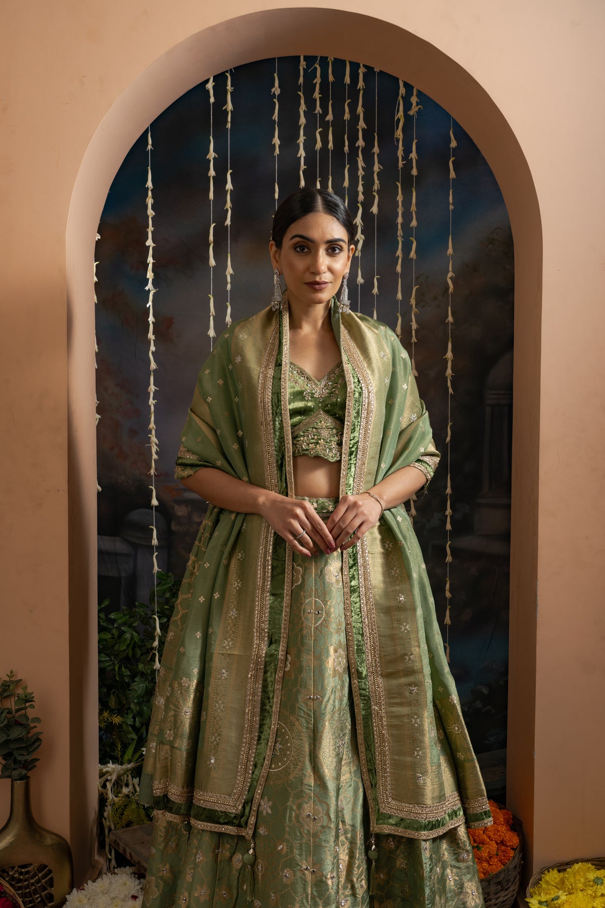 Sage Green Gold Embroidered Lehenga Set