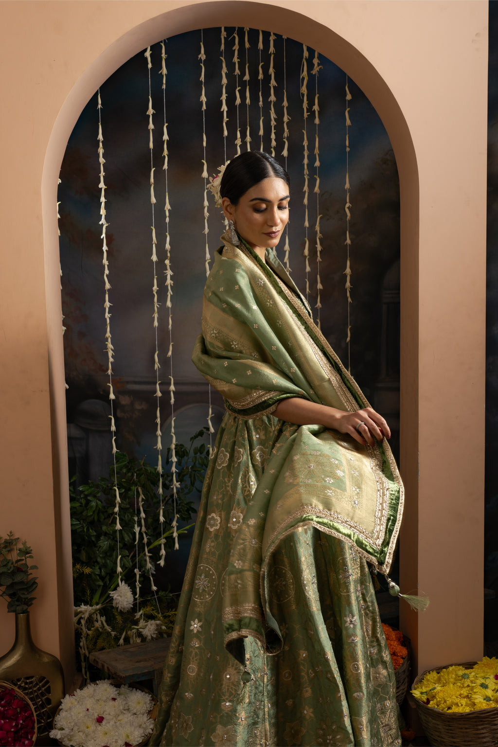 Sage Green Gold Embroidered Lehenga Set