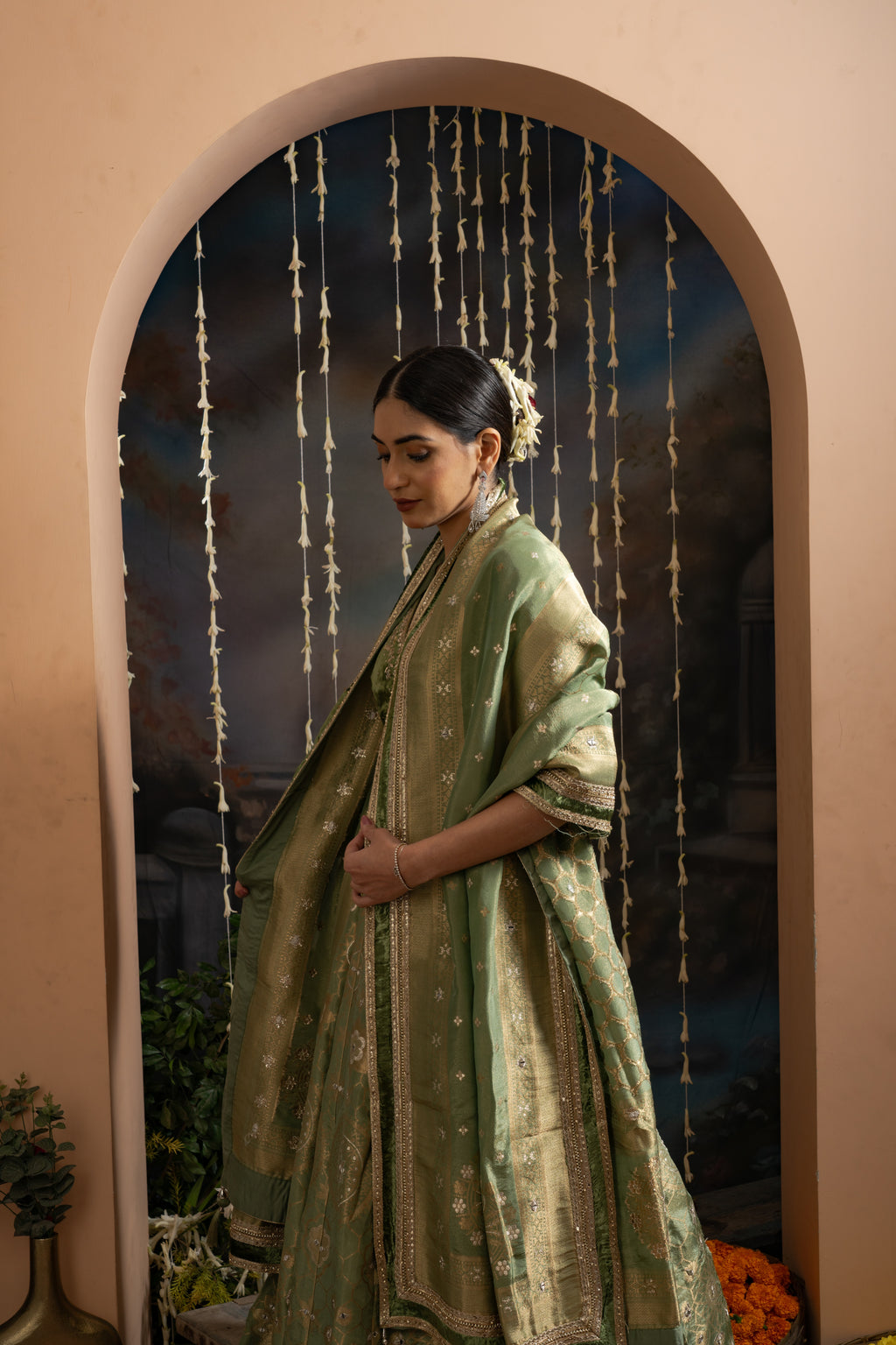 Sage Green Gold Embroidered Lehenga Set