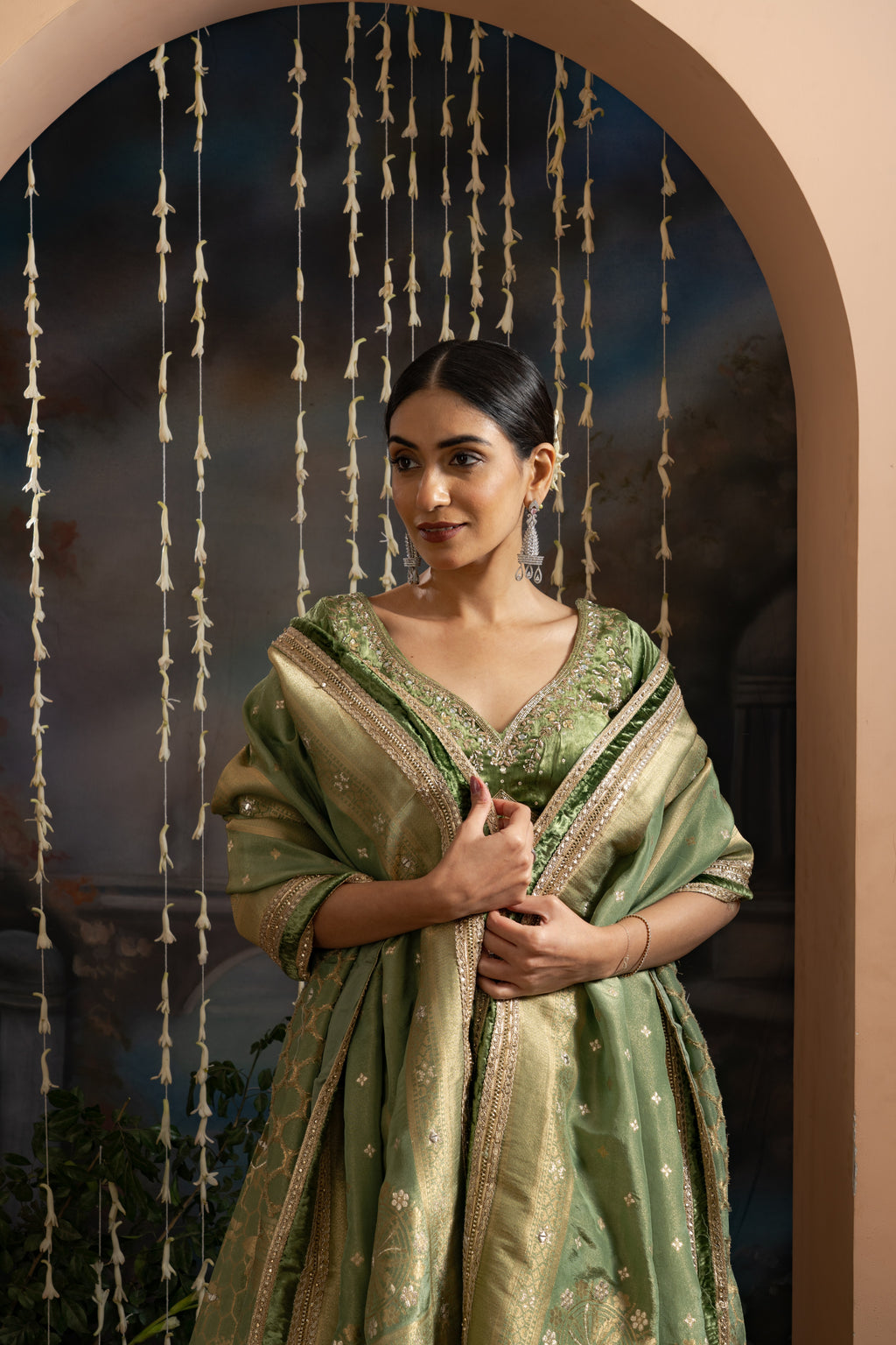 Sage Green Gold Embroidered Lehenga Set