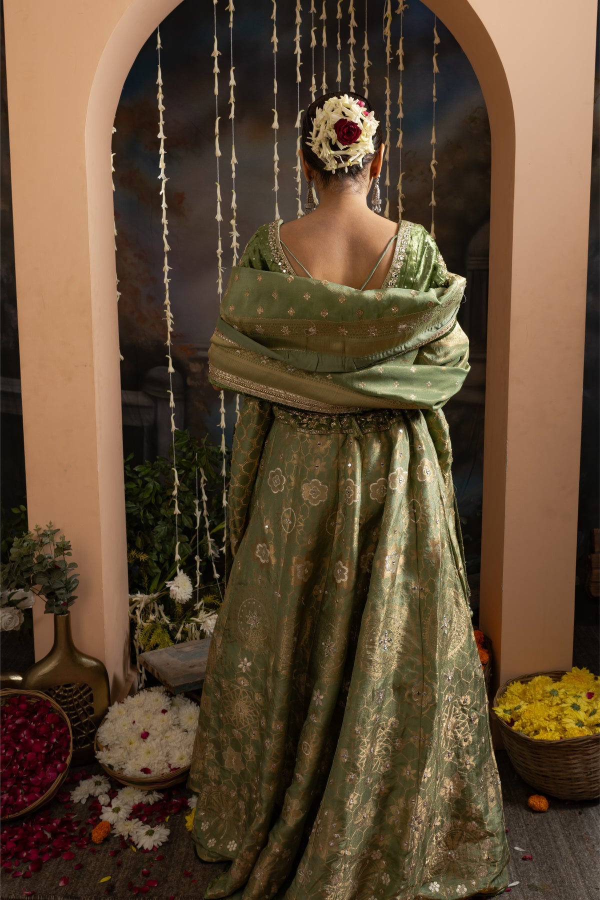 Sage Green Gold Embroidered Lehenga Set