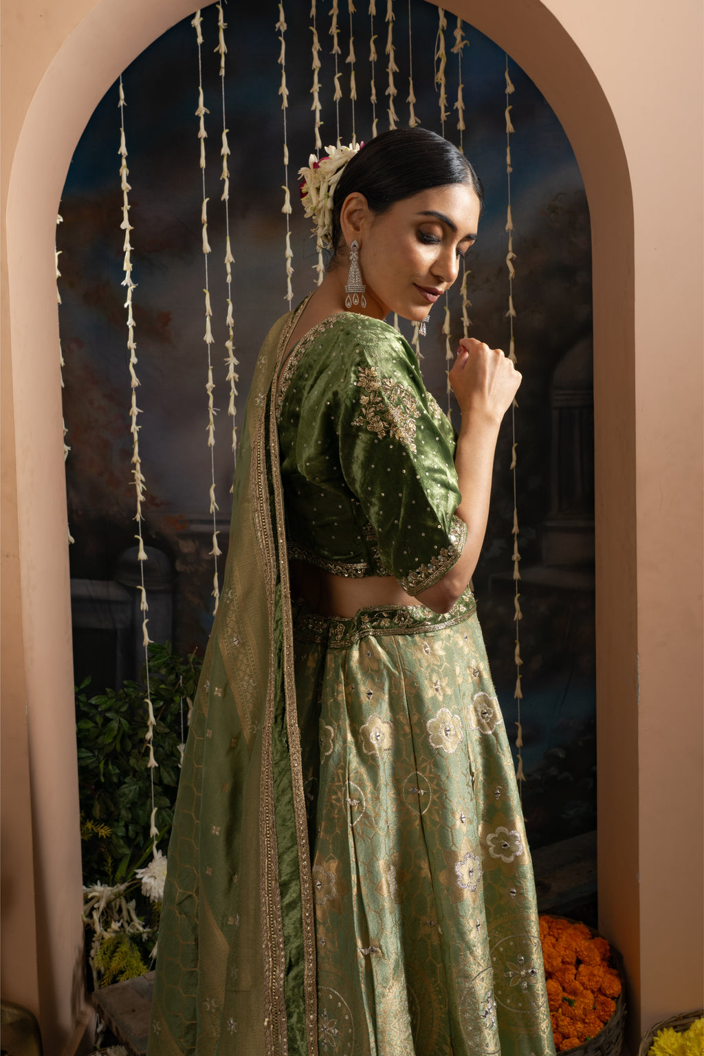 Sage Green Gold Embroidered Lehenga Set