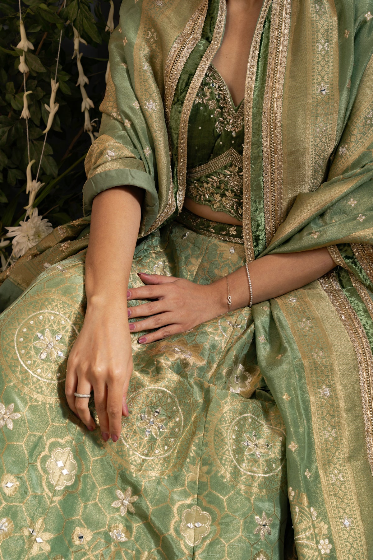 Sage Green Gold Embroidered Lehenga Set