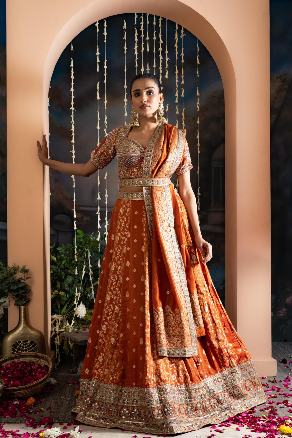 Rust Orange Pure Shimmer Tissue Banarasi Lehenga Set