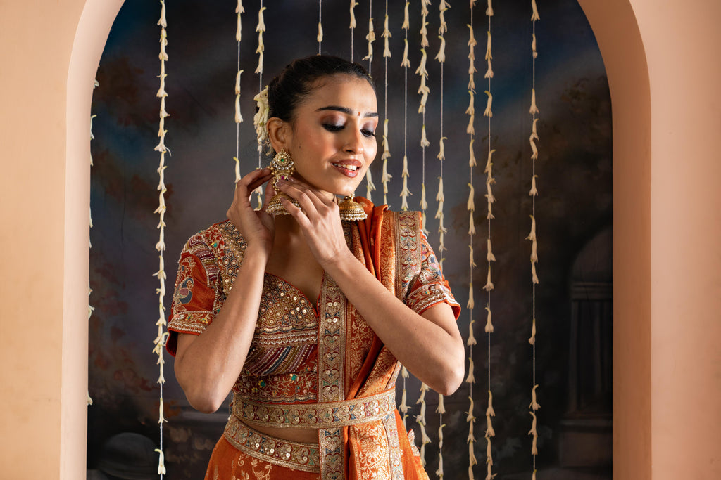 Rust Orange Pure Shimmer Tissue Banarasi Lehenga Set