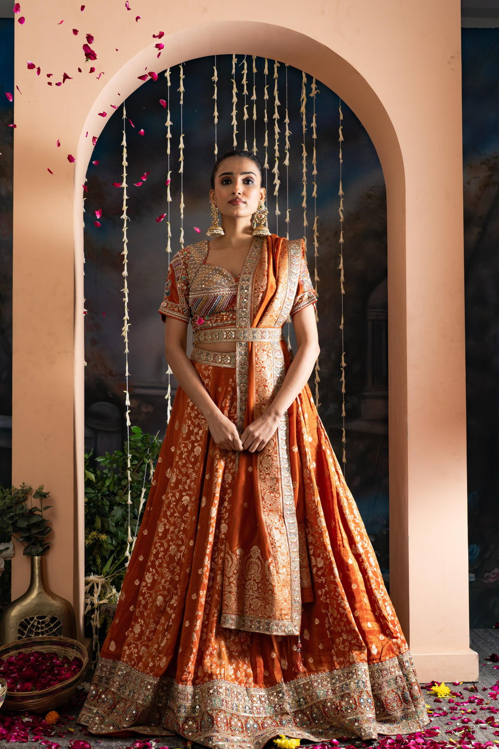 Rust Orange Pure Shimmer Tissue Banarasi Lehenga Set