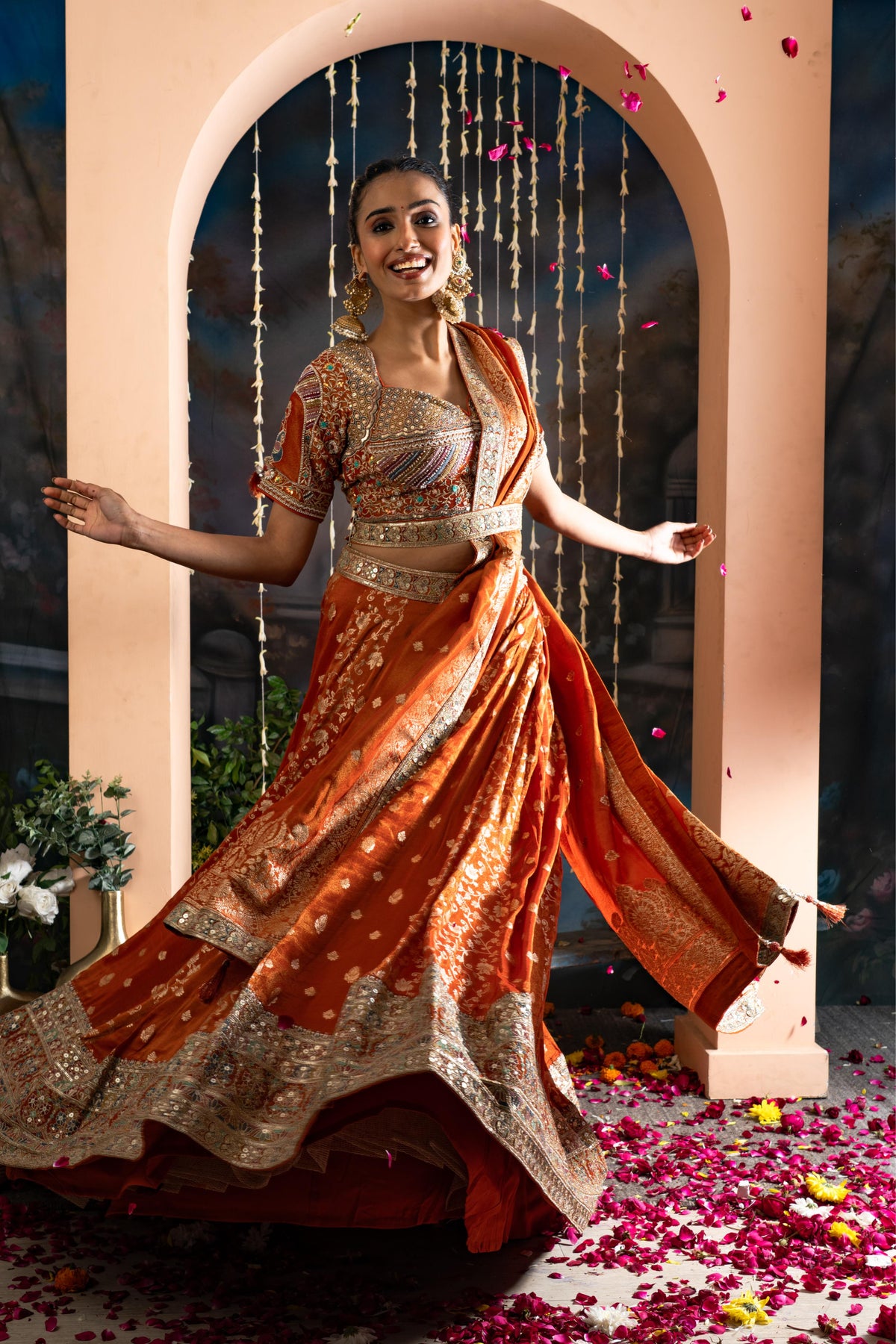 Rust Orange Pure Shimmer Tissue Banarasi Lehenga Set