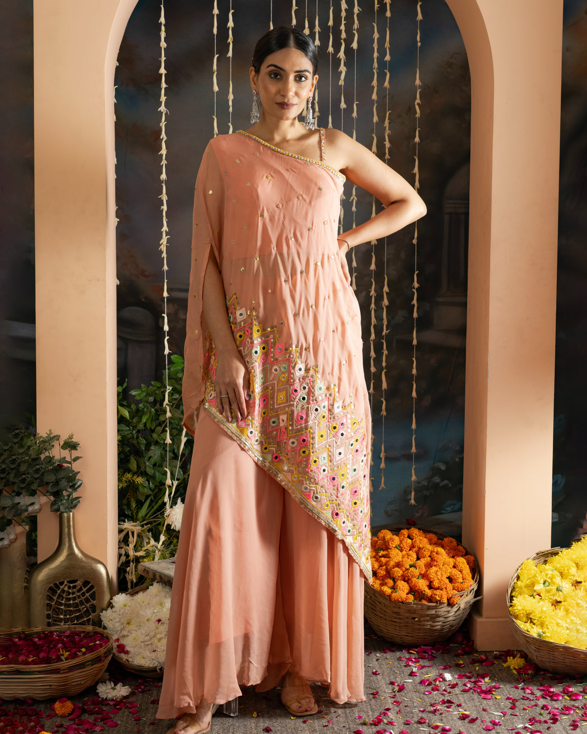 Peach Embroidered One-Shoulder Indo-Western Set