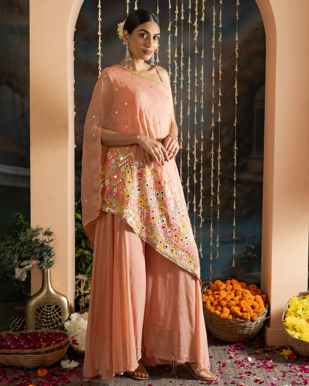 Peach Embroidered One-Shoulder Indo-Western Set