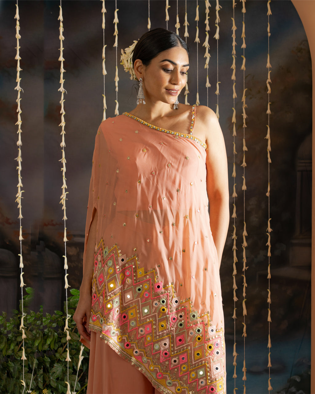 Peach Embroidered One-Shoulder Indo-Western Set