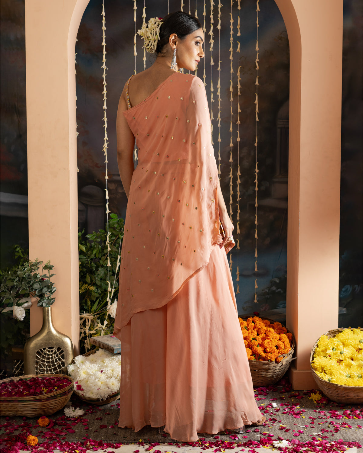 Peach Embroidered One-Shoulder Indo-Western Set