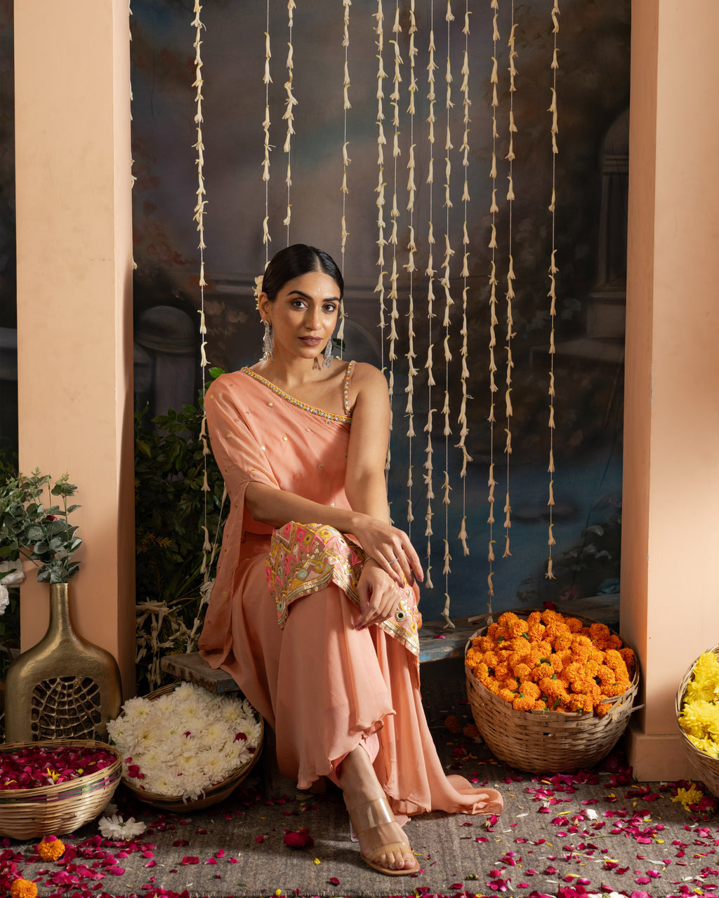 Peach Embroidered One-Shoulder Indo-Western Set