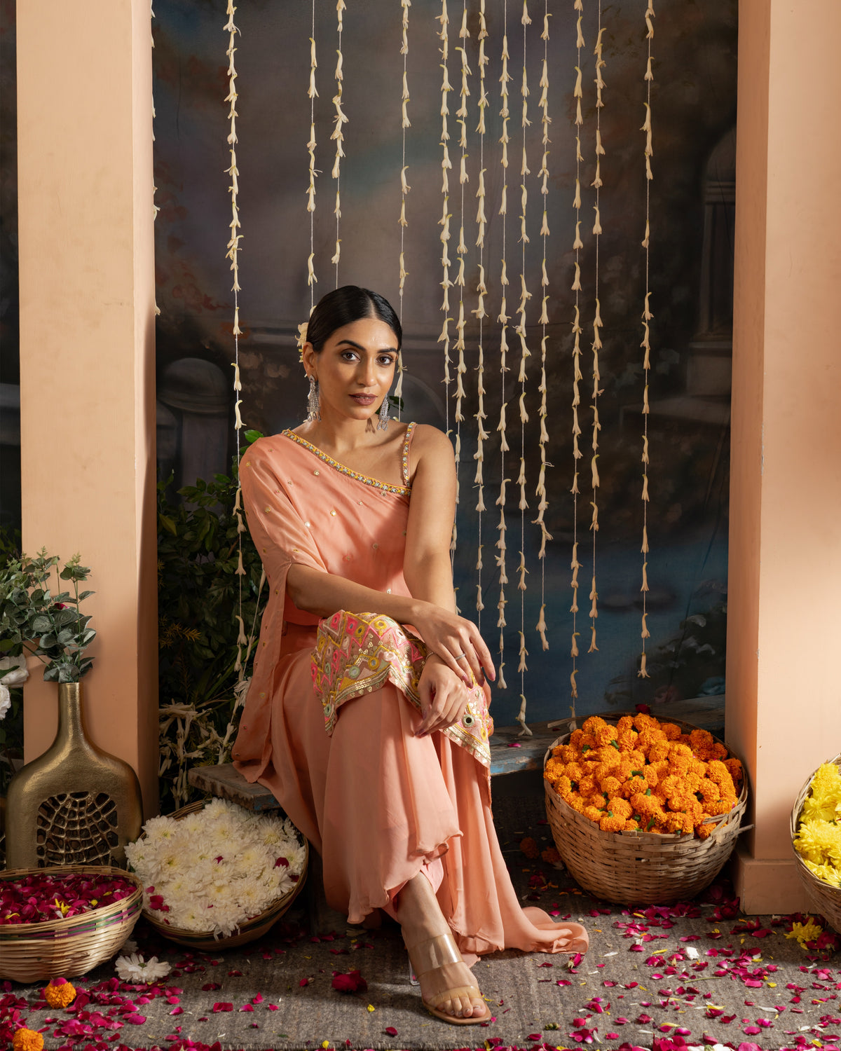 Peach Embroidered One-Shoulder Indo-Western Set