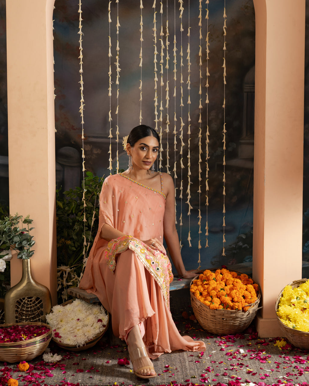 Peach Embroidered One-Shoulder Indo-Western Set