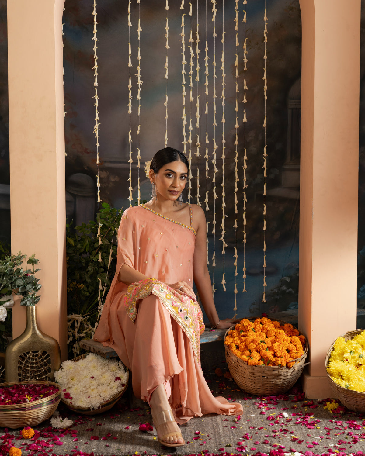 Peach Embroidered One-Shoulder Indo-Western Set