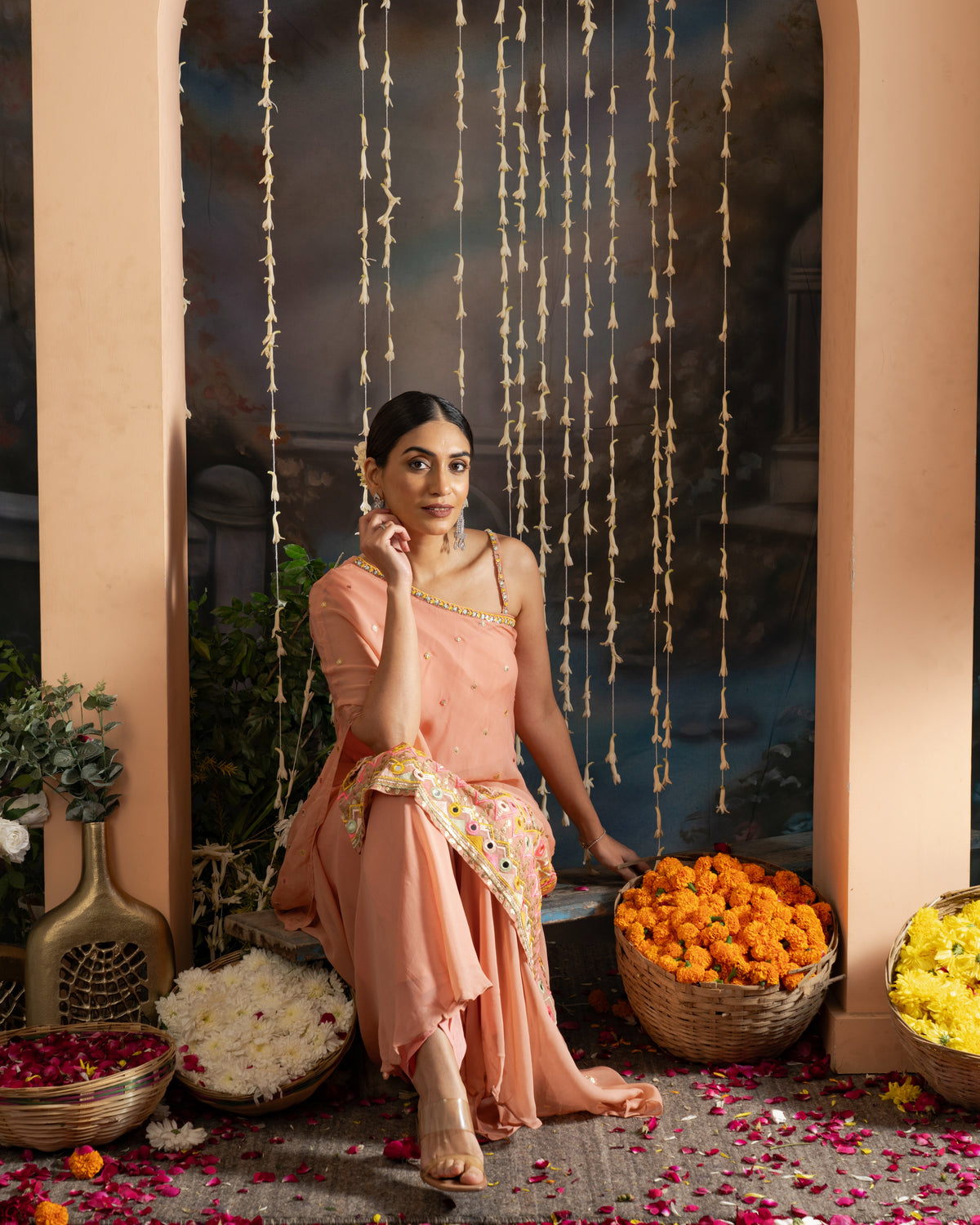 Peach Embroidered One-Shoulder Indo-Western Set