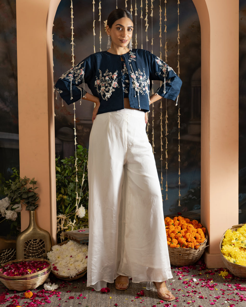 Navy Blue Floral Embroidered 3-Piece Indo-Western Palazzo Set