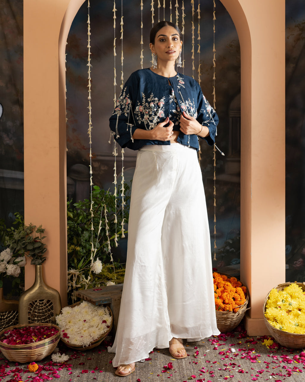 Navy Blue Floral Embroidered 3-Piece Indo-Western Palazzo Set