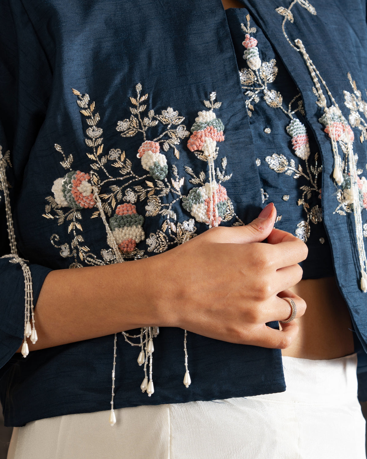 Navy Blue Floral Embroidered 3-Piece Indo-Western Palazzo Set
