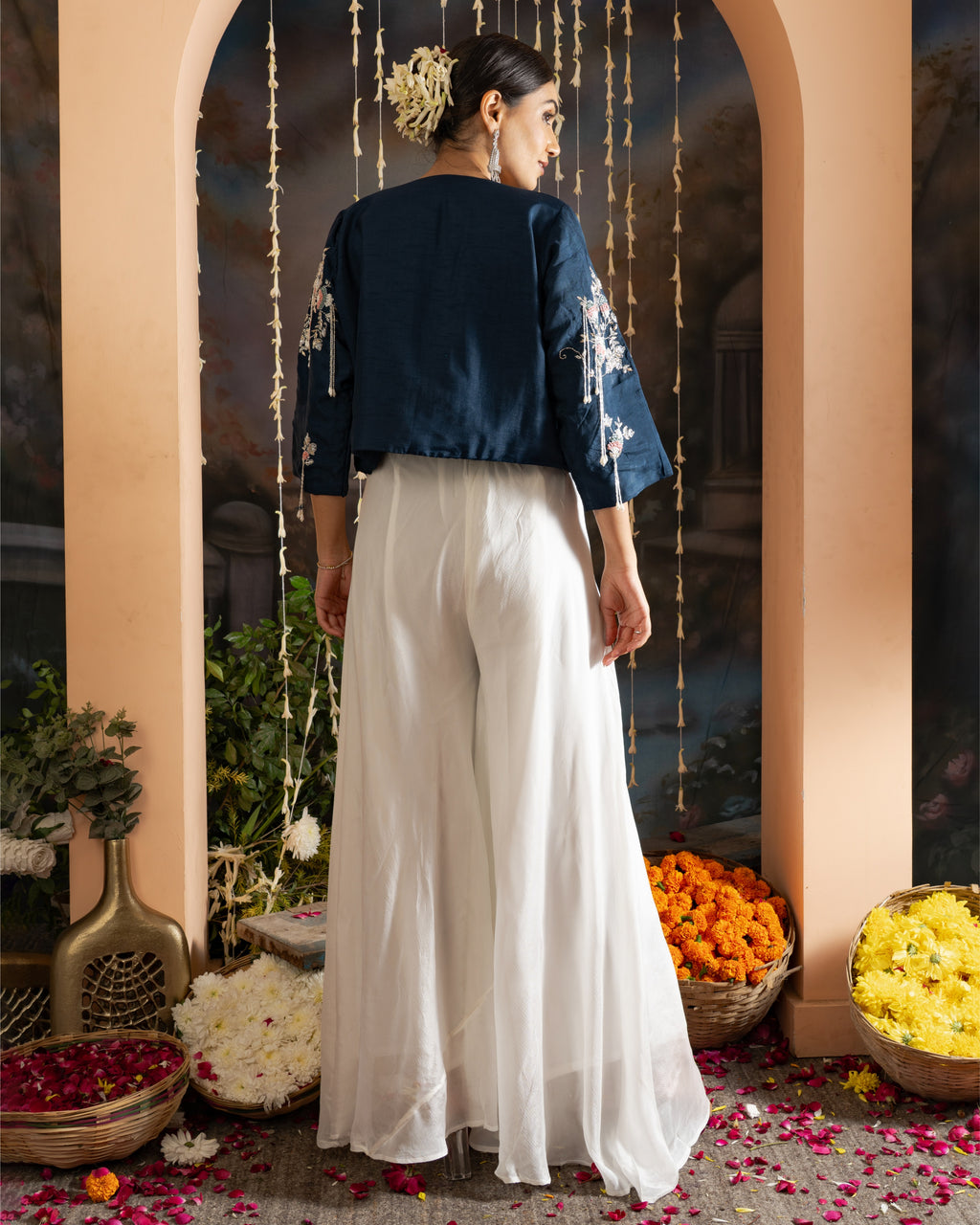 Navy Blue Floral Embroidered 3-Piece Indo-Western Palazzo Set