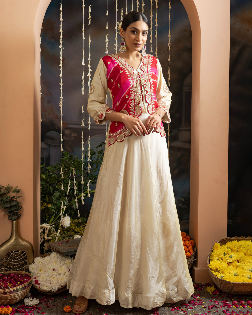Rani Pink & Ivory Embroidered Indo-Western Jacket Set