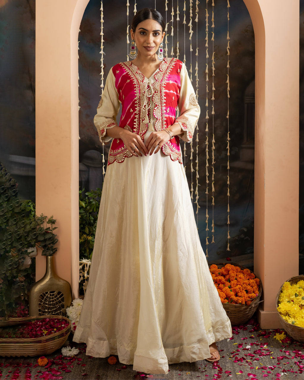 Rani Pink & Ivory Embroidered Indo-Western Jacket Set