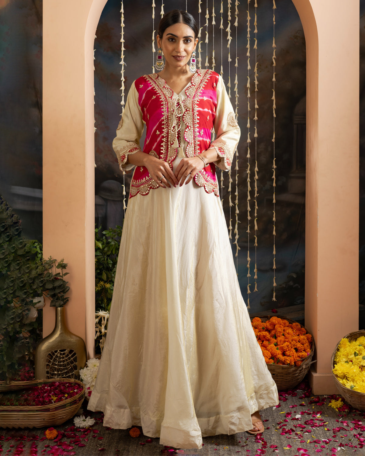 Rani Pink & Ivory Embroidered Indo-Western Jacket Set