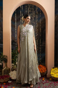 Sage Green Satin Crepe Gown with Draped Dupatta &amp; Hand Embellishment