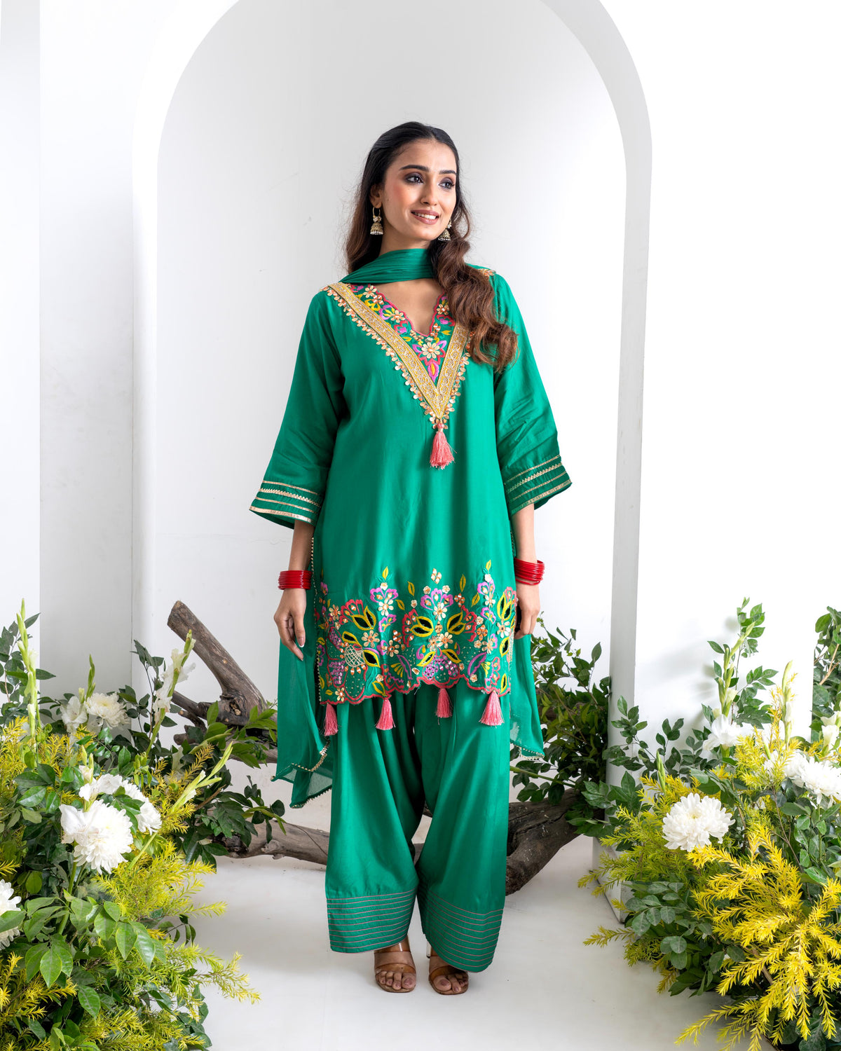 Emerald Green Pure Natural Crepe Kurta Set with Farshi Salwar