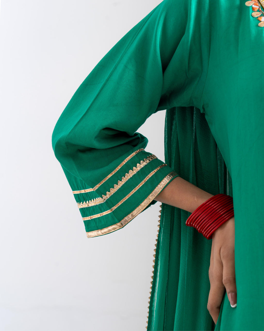 Emerald Green Pure Natural Crepe Kurta Set with Farshi Salwar