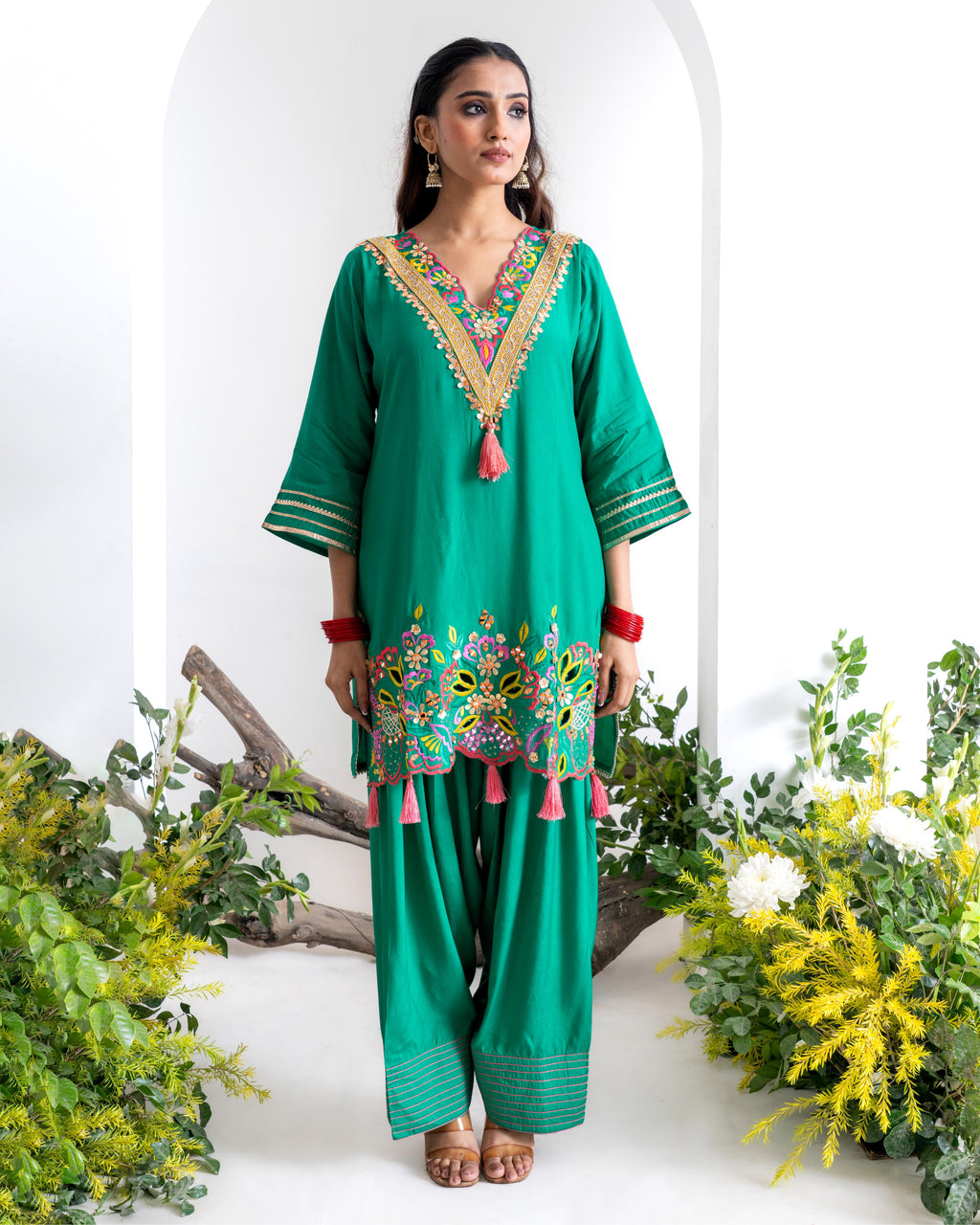 Emerald Green Pure Natural Crepe Kurta Set with Farshi Salwar