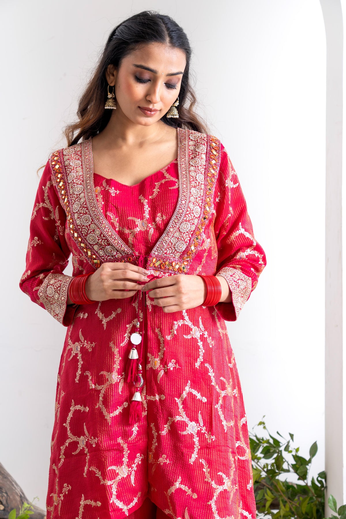 Red Pure Shimmer Tissue Indo-Western Sharara Set