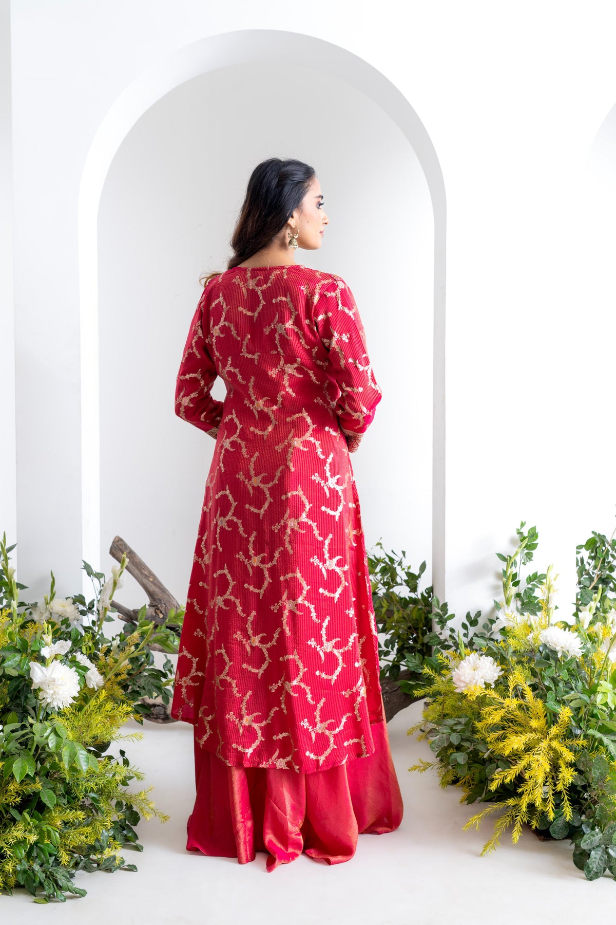 Red Pure Shimmer Tissue Indo-Western Sharara Set