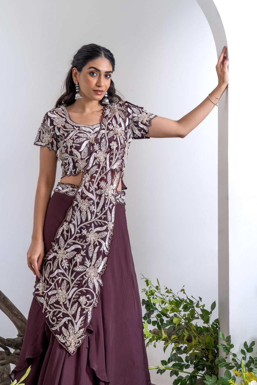 Wine Soft Georgette Lehenga Set with Hand Embroidery
