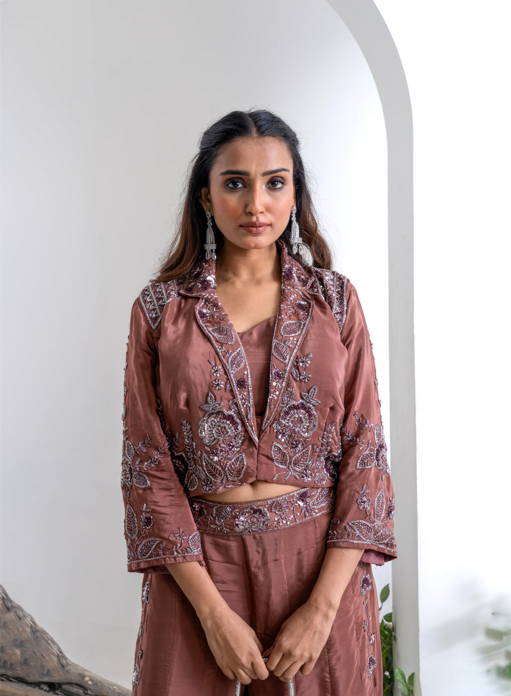Dusty Rose Pure Crepe 3-Piece Indo-Western Palazzo Set