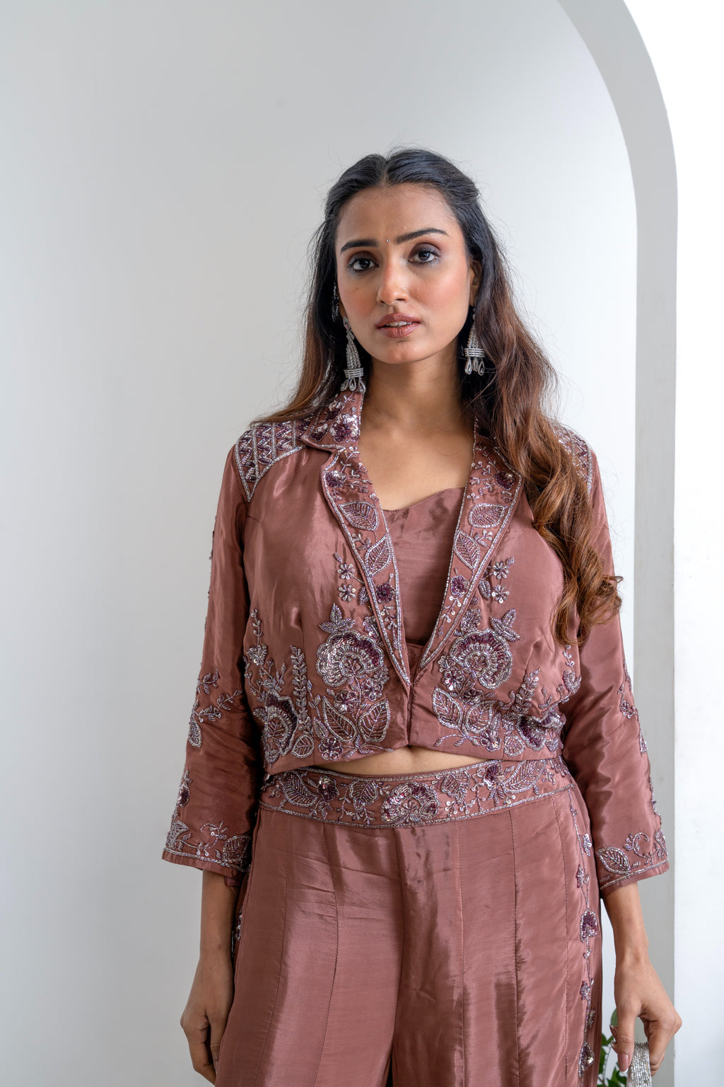 Dusty Rose Pure Crepe 3-Piece Indo-Western Palazzo Set