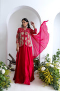 Crimson Red Gajji Silk Indo-Western Set with Necklace-Style Dupatta