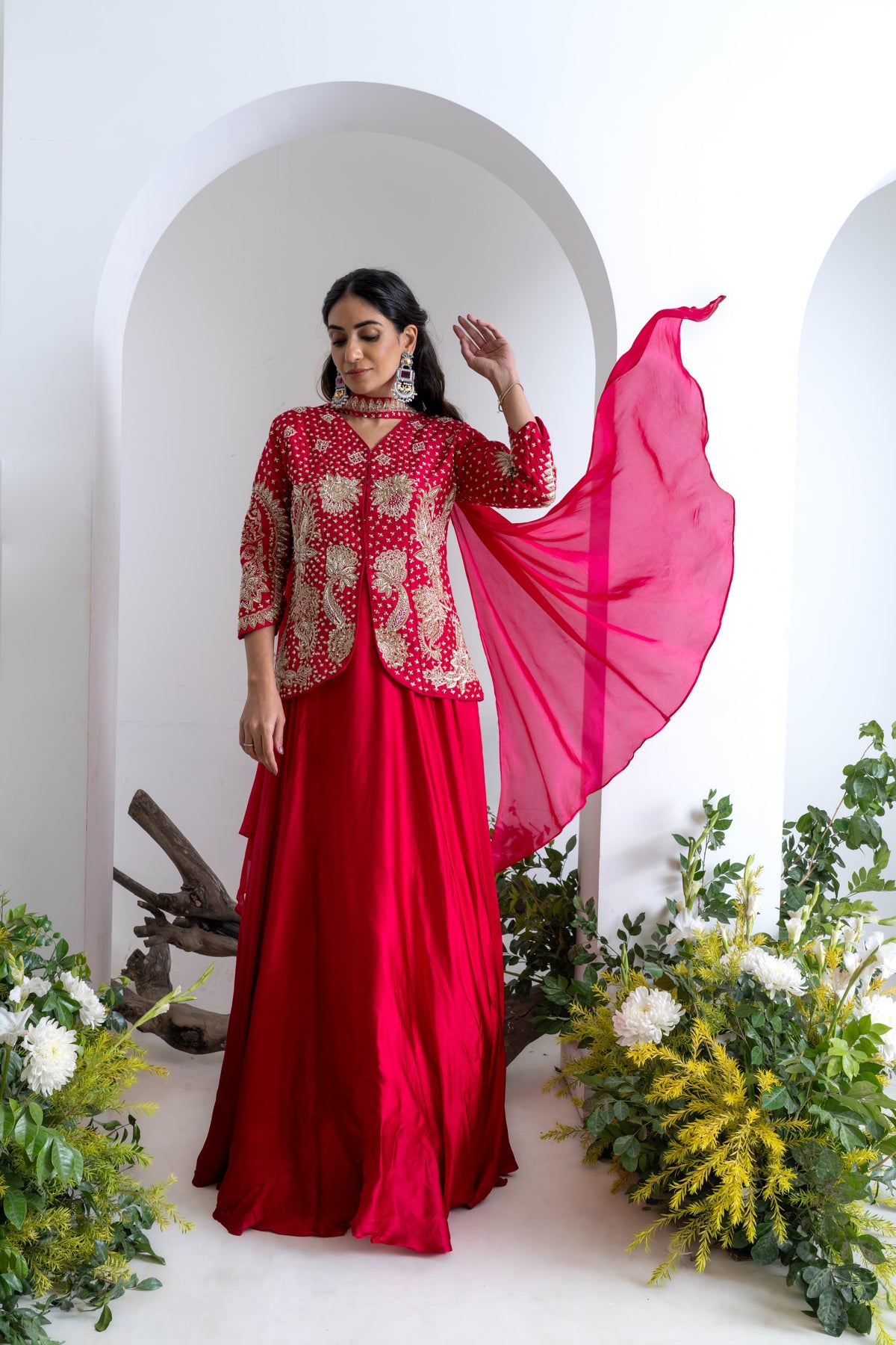 Crimson Red Gajji Silk Indo-Western Set with Necklace-Style Dupatta