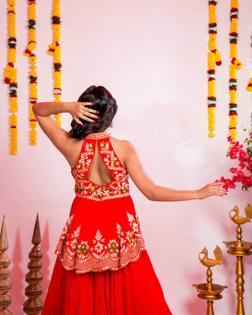 Vermilion Red Embroidered Peplum Sharara Set